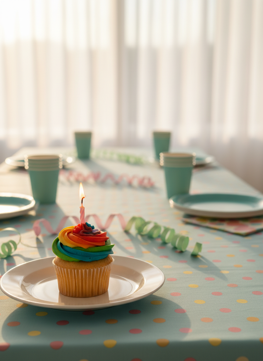 A single, perfectly frosted cupcake with a swirl of rainbow buttercream and one small lit candle, placed carefully on a smooth white plate at the edge of a long, empty party table. The table is covered in a pastel polka-dot cloth, scattered with unused paper cups, plates, and curled ribbons. Warm golden hour sunlight filters through sheer curtains in the background, casting a soft, hopeful glow and long, gentle shadows. Photographic realism, captured from a slightly elevated angle using the rule of thirds, with crisp focus on the cupcake and a gradual blur toward the far end of the table, evoking a feeling of quiet anticipation for a birthday that is about to be made special.
