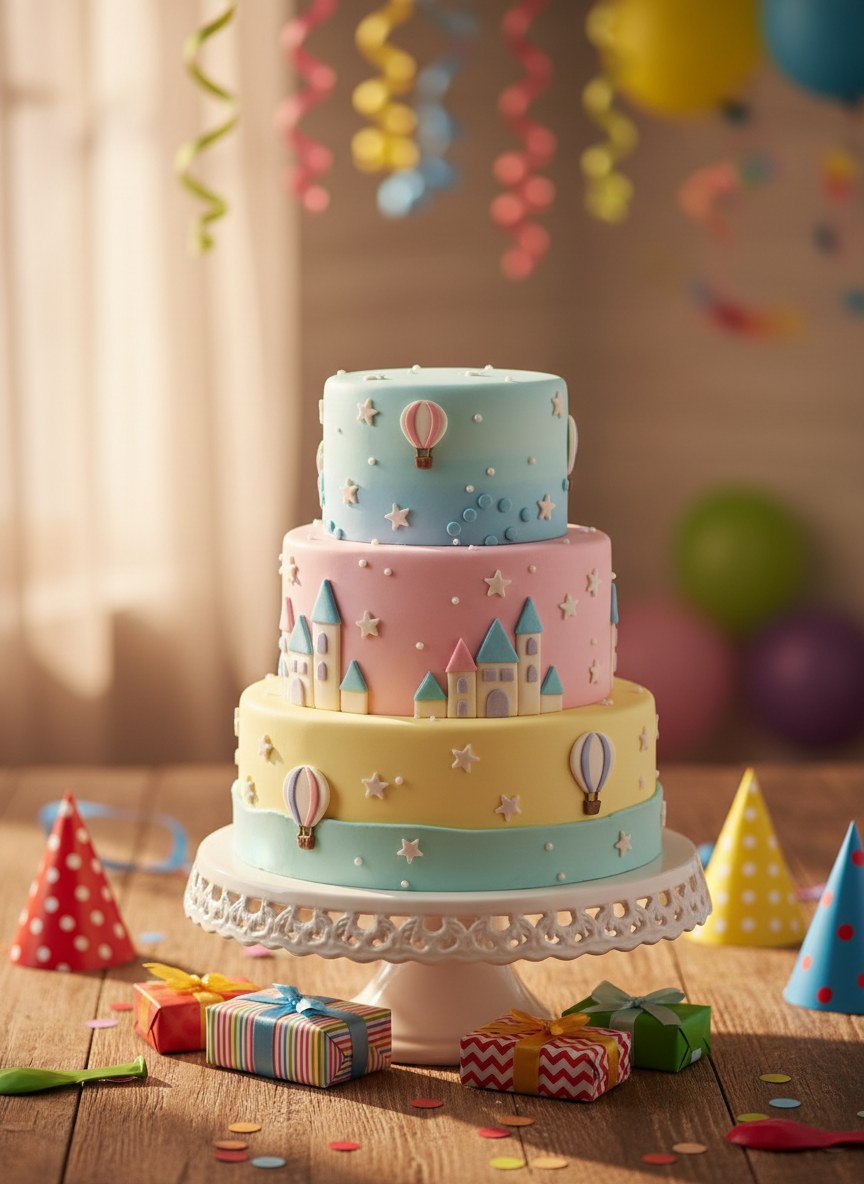 A colorful birthday cake as the star of the scene, three tall tiers of smooth buttercream in pastel blues, pinks, and yellows, decorated with tiny fondant stars, balloons, and storybook castles. The cake sits on a white pedestal stand in the center of a simple wooden table, surrounded by neatly wrapped presents and bright paper party hats, all untouched. Soft afternoon window light pours in from the left, creating gentle highlights on the glossy icing and subtle shadows on the tabletop. Photographic realism with vibrant colors, shot at eye level with a shallow depth of field so the background fades into a soft bokeh of blurred streamers and confetti, creating a playful yet tender atmosphere of a celebration waiting to happen.