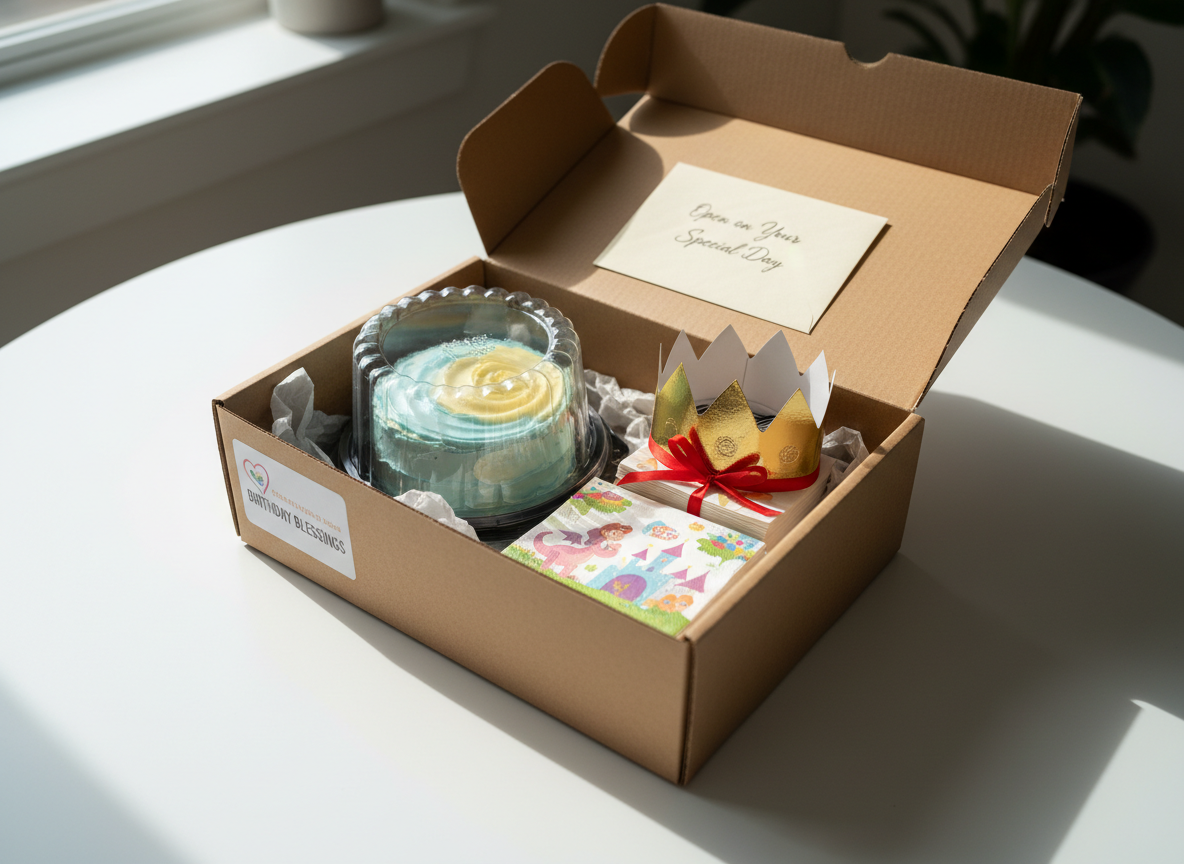 An open cardboard delivery box on a clean white table, filled with birthday joy: a securely nestled small cake in a protective clear dome, a stack of folded paper crowns, colorful napkins printed with whimsical storybook illustrations, and a sealed envelope labeled “Open on Your Special Day.” Bright, indirect daylight from a nearby window bathes the scene, creating soft highlights on the plastic dome and gentle shadows along the box flaps. Captured in photographic realism from a three-quarter overhead angle, with the box centered and background slightly blurred. The atmosphere is hopeful and generous, suggesting a thoughtful, sponsored birthday package being prepared to travel to a child who might otherwise have no celebration.