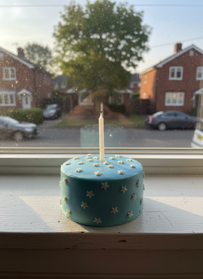 A serene, photographic scene of a small birthday cake resting alone on a windowsill, its frosting a soft sky blue with tiny white star decorations and a single unlit candle at the center. Outside the slightly blurred window, hints of a quiet neighborhood appear, suggesting an ordinary day. Late afternoon light streams in, wrapping the cake in a gentle glow and creating a reflective sheen on the frosting while casting a delicate shadow onto the painted wood sill. Shot at eye level with the cake centered, the composition is minimalist yet emotional, conveying both the loneliness of a birthday that might be forgotten and the hopeful promise of a celebration to come through support and sponsorship.