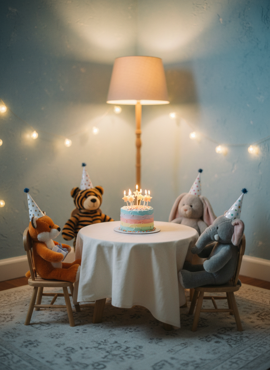 A cozy corner of a room transformed for a child’s birthday: a small, round table holding a modest but beautifully decorated cake with pastel sprinkles and a cluster of unlit candles shaped like stars. Around the table are neatly placed plush toys wearing tiny paper party hats, positioned as if they are the guests. String lights hang softly along the wall, casting a warm, twinkling glow that mingles with gentle ambient lamplight. Photographic realism with a slightly wide-angle view at child’s-eye height, capturing the entire vignette. The mood is tender, imaginative, and comforting, suggesting a magical celebration created especially for a child who needs a sense of belonging.