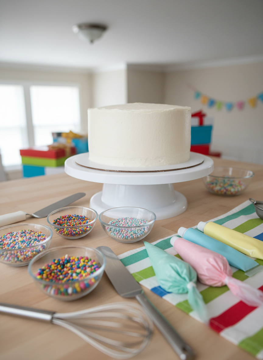A close-up, photographic shot of a cake decorating station prepared for a sponsored celebration: a plain white frosted cake on a rotating stand, surrounded by small bowls of colorful sprinkles, star-shaped sugar decorations, and tubes of pastel icing neatly arranged on a light wooden counter. Disposable piping bags lie ready on a folded, cheerful striped cloth. Soft overhead lighting and subtle window light from the side create gentle reflections on the metal tools and a creamy sheen on the frosting. Captured from a slightly overhead, three-quarter angle with a shallow depth of field that keeps the cake and nearest tools in sharp focus while the background softly blurs, evoking creativity, care, and the hands-on magic of making a child’s birthday feel special.