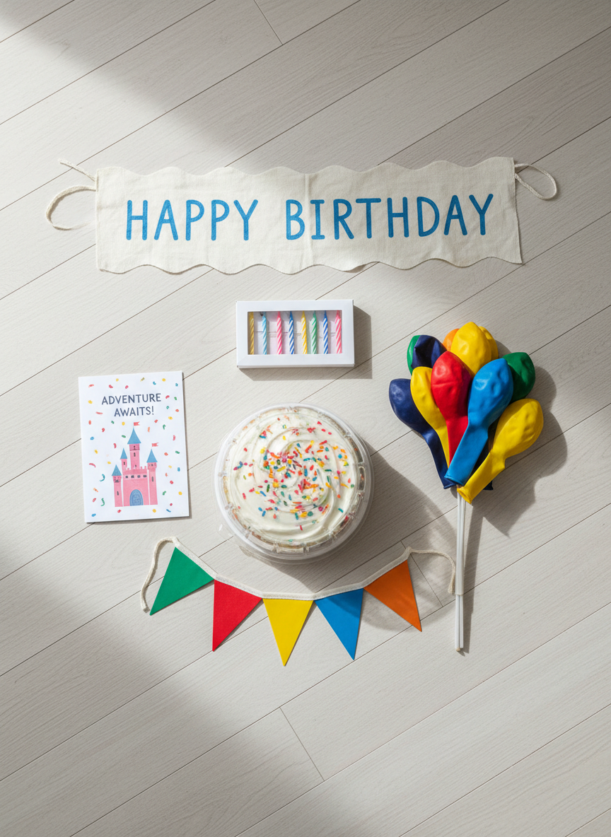 An overhead view of a vibrant birthday-in-a-box kit laid out neatly on a light wooden floor: a small frosted cake in a clear container, a bundle of uninflated balloons, colorful paper bunting, a pack of candles, a handwritten-style birthday banner, and a playful card with a storybook castle illustration. Soft, diffused natural light from an unseen window creates even illumination with delicate shadows outlining each item. The composition is organized yet whimsical, with elements arranged in a loose grid that feels inviting and accessible. Photographic, clean, and modern with bright, saturated colors that convey joy and the promise of a ready-made celebration for a child who might otherwise go without.