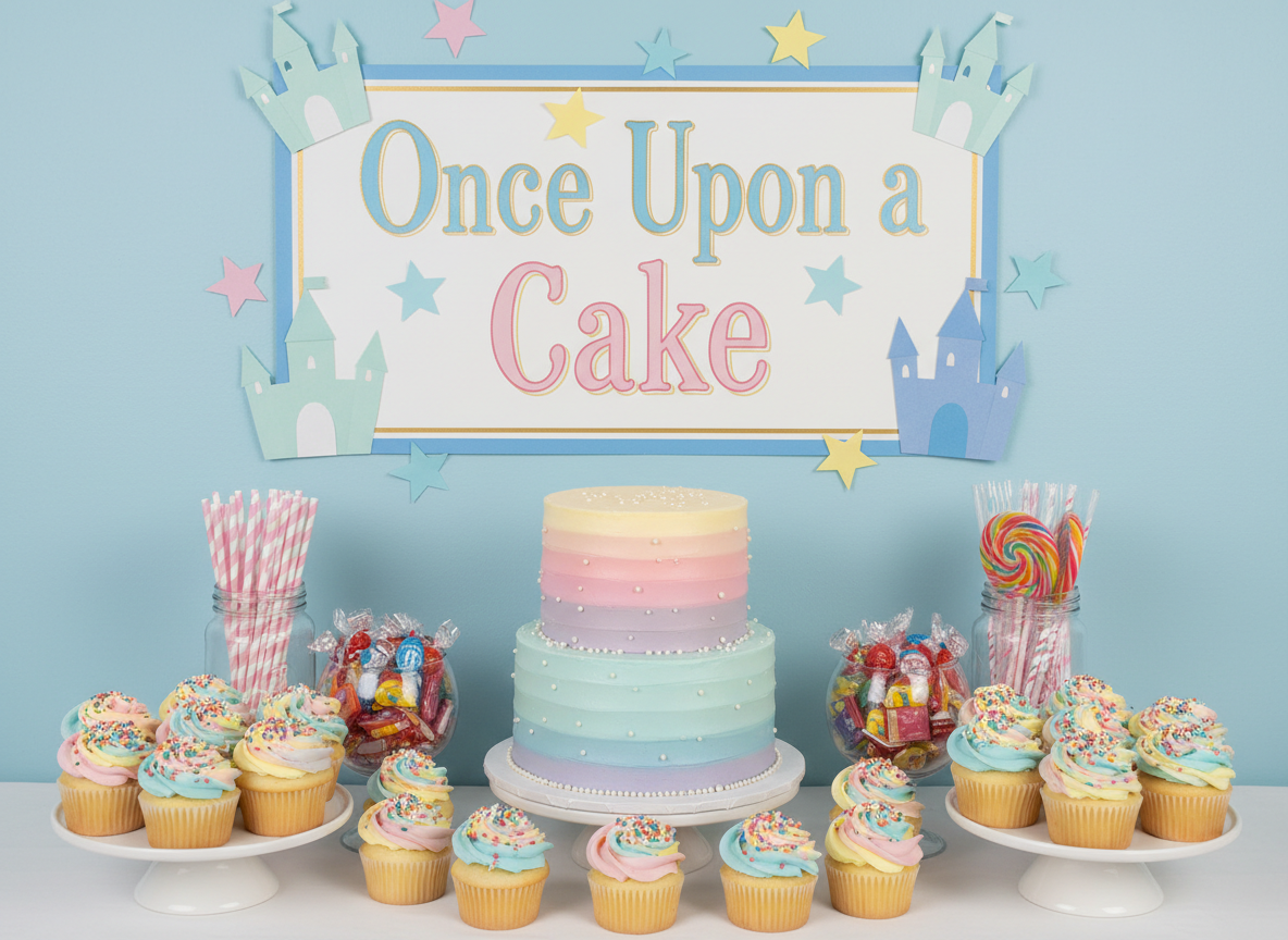 A whimsical dessert table styled for a sponsored birthday, with an array of simple yet charming treats: a medium-sized cake with pastel ombré frosting, neatly arranged vanilla cupcakes with colorful sprinkles, and glass jars filled with striped paper straws and wrapped candies. A large, illustrated sign reading “Once Upon a Cake” in playful lettering stands against the wall, surrounded by paper cut-out castles and stars. Soft studio-style lighting evenly illuminates the scene, emphasizing textures of frosting and paper while casting minimal shadows. Photographic realism, framed straight-on with sharp focus throughout, creating a bright, uplifting, and organized look suitable for a non-profit website header focused on bringing birthdays to kids who need them most.